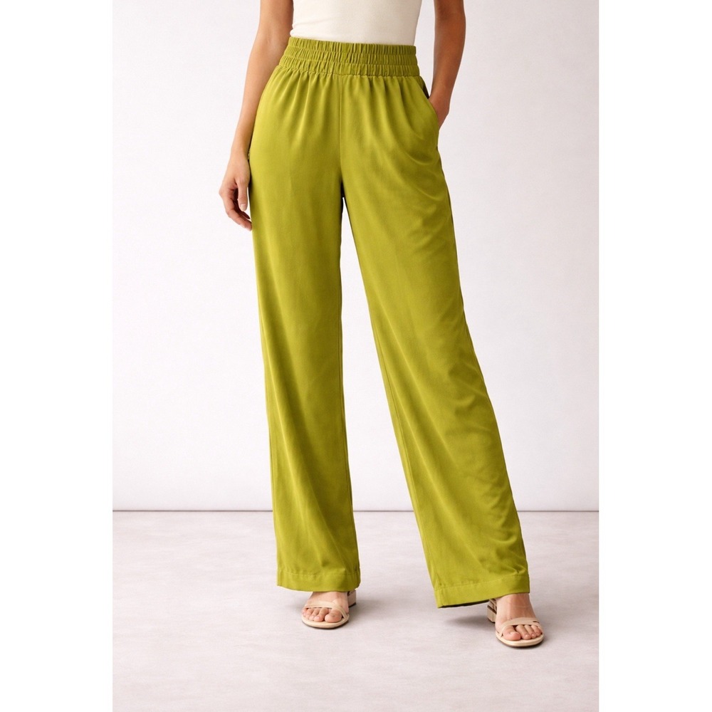 Women's lime green satin wide-leg Pants  a high elastic waistband‎ Size Medium
